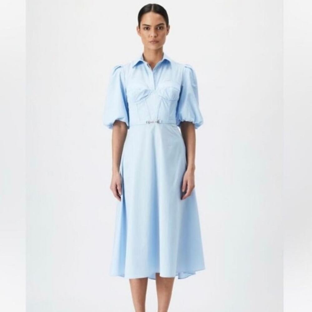 Bardot Corset Puff Sleeve Midi Shirt Dress in Cornflower Light Blue Size 6